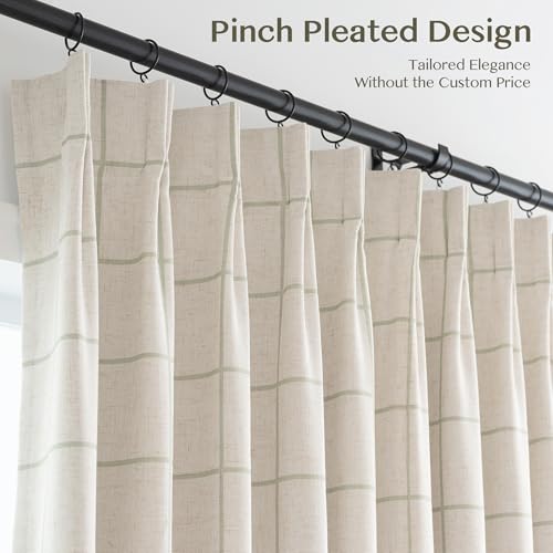 Green 40W x 84L Inches Pinch Pleated Blackout Gingham Curtains Set of 2 - Modern Linen Checkered Drapes for Living Room & Bedroom