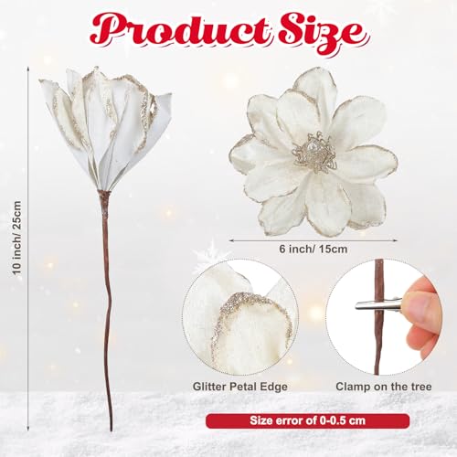 XunYee White Christmas Glitter Magnolia Flowers 6'' - 10 Pcs Holiday Decor