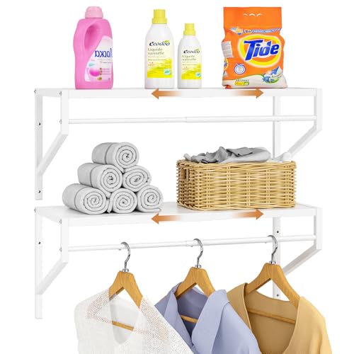 White Expandable Laundry Room Shelves with Hanging Rod - Wall Mounted Utility Storage