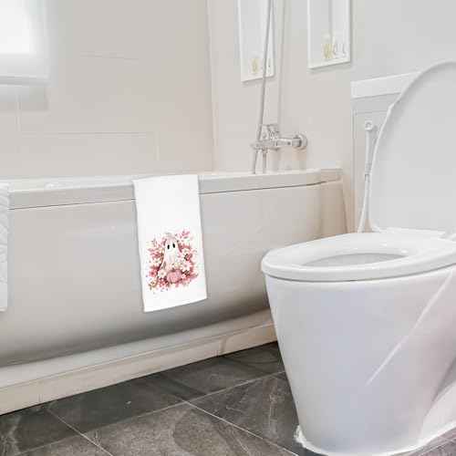 Pink Fall Floral Ghost Halloween Kitchen Towels, Pink Halloween Decor Decorative Dish Tea Hand Towels for Kitchen, Cute Ghost Decor, 16x24 Inch