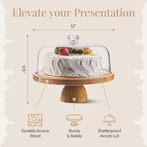 HOMESPHERE Wood Cake Stand with Lid - Round Classic Dome, 12-Inch 2-in-1 Charcuterie & Dessert Platter