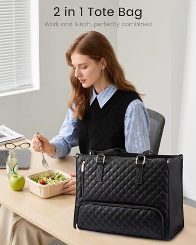 Insulated Lunch Tote Bag for Women - 15.6 Inch Laptop & Purse - Black