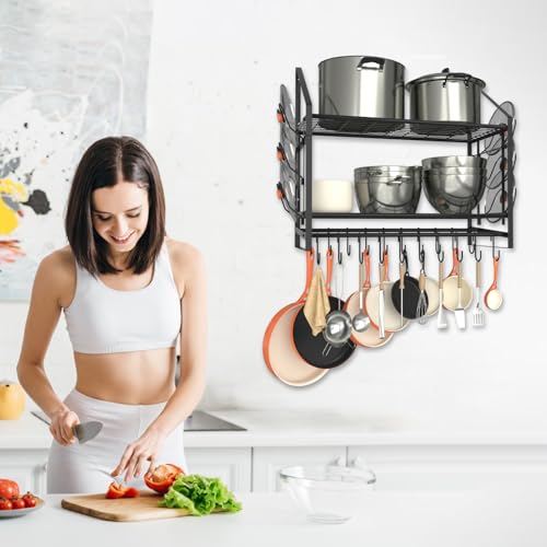 VyGrow 28 Inch Black 2-Tier Wall Mounted Pot Rack with 20 Hooks & Lid Holders