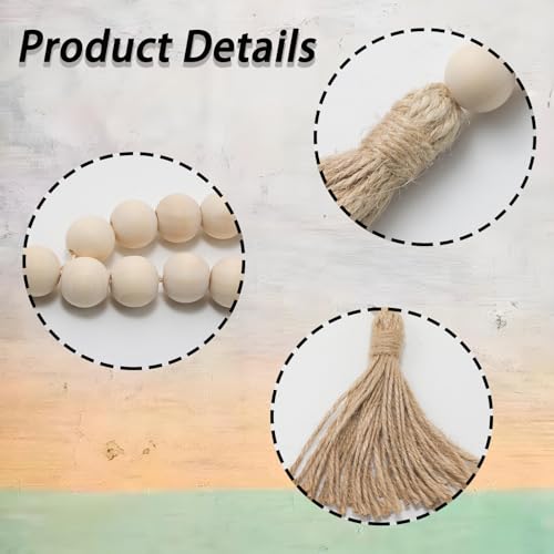 PINE & LINEN 2 Pack 12 Inch Natural Wood Bead Garland with Tassels - Style D
