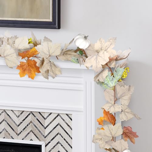 Fall Garland with Pumpkins and Berries ? 6ft Artificial Maple Leaf Garland with Cream and Orange Leaves for Thanksgiving, Fireplace, Front Door, Farmhouse Autumn Decorations