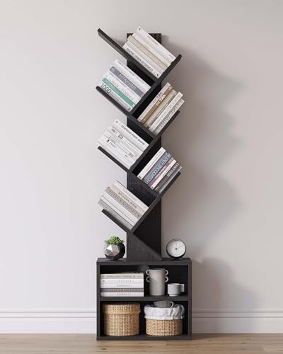 Black 6-Tier Tree Bookshelf with Storage Cabinet - Compact Tall Bookcase