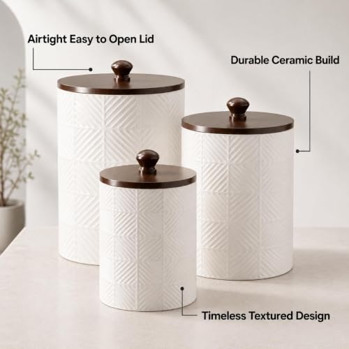 LILO DESIGN CO. Ceramic Canister Set with Airtight Bamboo Lids - 3 Sizes for Kitchen Storage