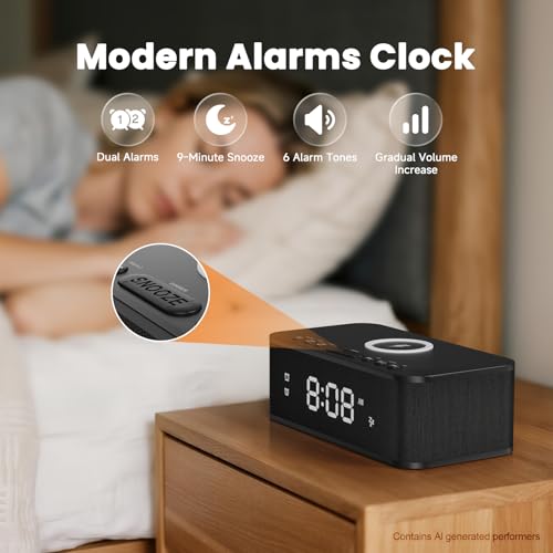 Fansbe Digital Alarm Clock with White Noise & Wireless Charging - Black