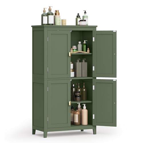 VASAGLE Bathroom Floor Cabinet with 4 Doors - Forest Green, Adjustable Shelves, Safe & Durable