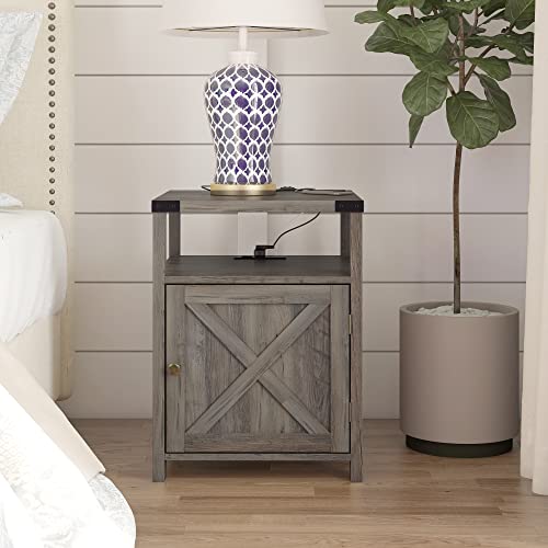 HOSEOKA Rustic Grey Farmhouse Nightstand with Charging Station, End Table