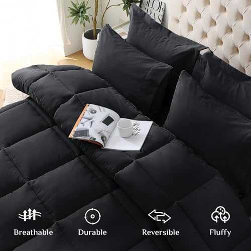 Full Comforter Set with Sheets & Pillowcases - Black / Full (86"x82") - 7 Piece Bed in a Bag