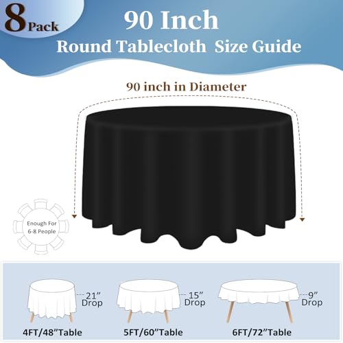 Black Round Tablecloth 90 Inch for 36-72 Inch Tables | 8 Pack, Reusable