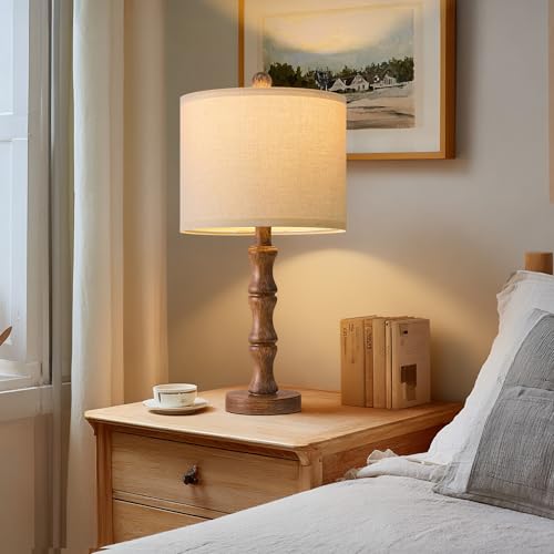 Small Rustic Table Lamp Set of 2 - Light Walnut Farmhouse Nightstand Lamps