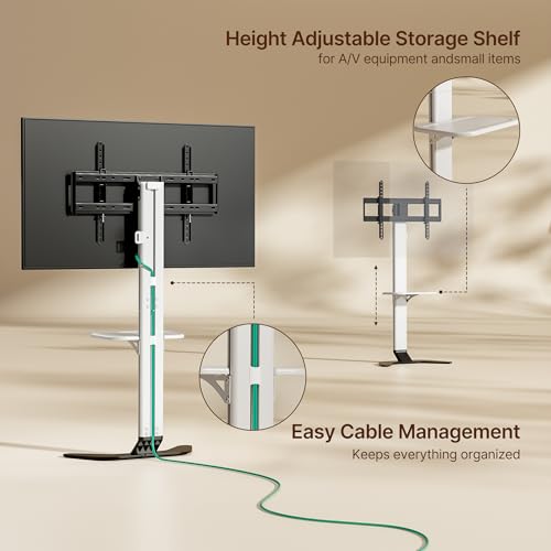 ECOTINY White Ultra-Slim Floor TV Stand for 37-86 Inch TVs - 51.5" Height, No-Drill & Anti-Tip Safety