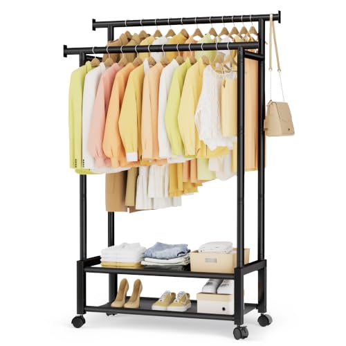 SpaceHidden Black Double Rod Clothing Rack with 2 Shelves, Rolling, Wobble-Free