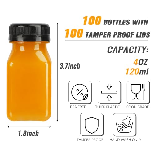 4 oz Plastic Juice Bottles Set - 100 Pack with Caps, Labels & Brush - Variation of 4.0 Ounces / 100