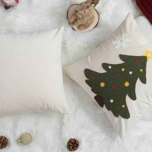 Christmas Pillow Covers 18x18 inch Set of 2 Forest Green Christmas Tree Snowflakes Embroidery Velvet Throw Pillow Winter Holiday Christmas Decorations for Sofa Living Room PT-001A18