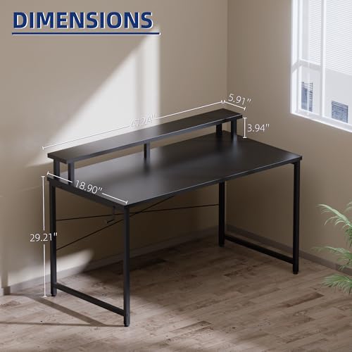 Small Computer Desk with Monitor Stand & Headphone Hook - 47 Inch Black, Space-Saving Office Desk for Kids & Small Rooms