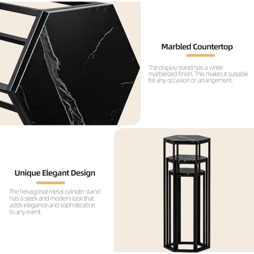 Urban Deco Set of 3 Black Hexagon Metal & Wooden Marble Party Stands