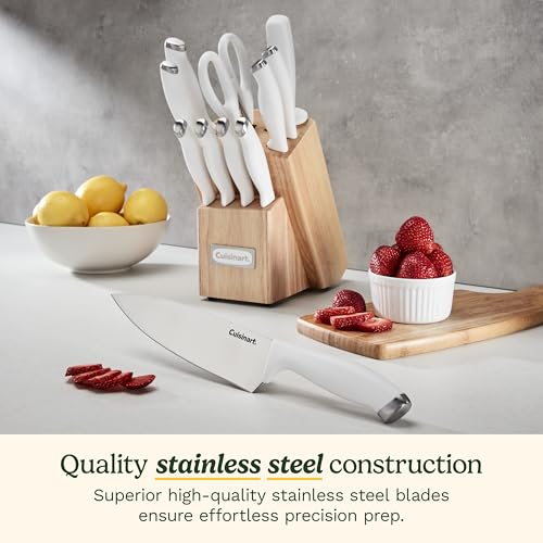 White Stainless Steel Knife Block Set - 12-Piece Kitchen Cutlery with Storage