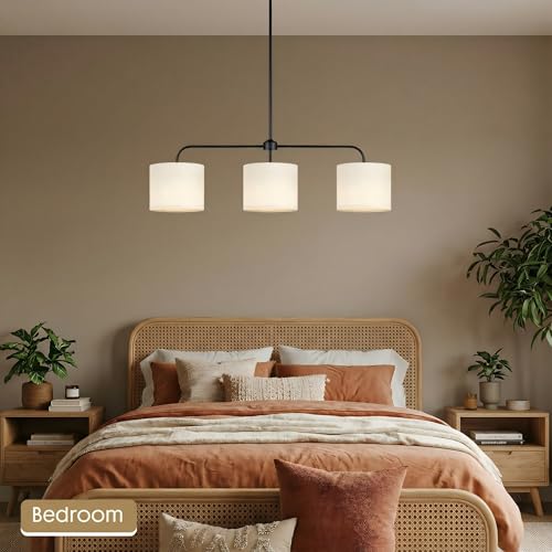3-Light Black Linear Pendant Light with Linen Beige Drum Shades - Modern Kitchen Island & Dining Room Fixture - Scyvenra 3 Light-Black Variant