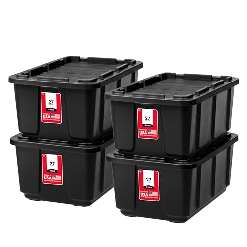 IRIS USA 4-Pack Heavy Duty Black Storage Bins with Lids - 27 Gal Nesting Organizers