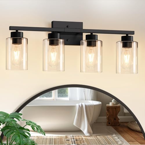 IZORRO Matte Black 4-Light Bathroom Vanity Light Fixture Over Mirror with Clear Glass Shades