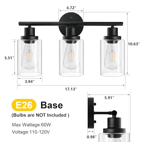 Unicozin Black 3 Light Vanity Wall Lamp with Clear Glass for Bathroom & Bedroom - Modern E26 Fixture