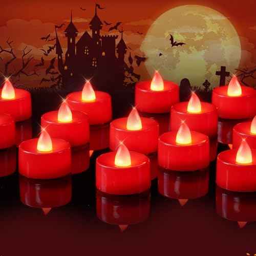 Raycare Red Tea Lights Battery Operated, 24 Pack Long Lasting Electric Votive Candles, Realistic Fake Flameless LED Tea Lights for Wedding Party Thanksgiving Christmas Halloween Decorations