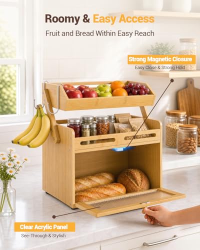Bamboo Bread Box with Fruit Basket - Kitchen Countertop Organizer