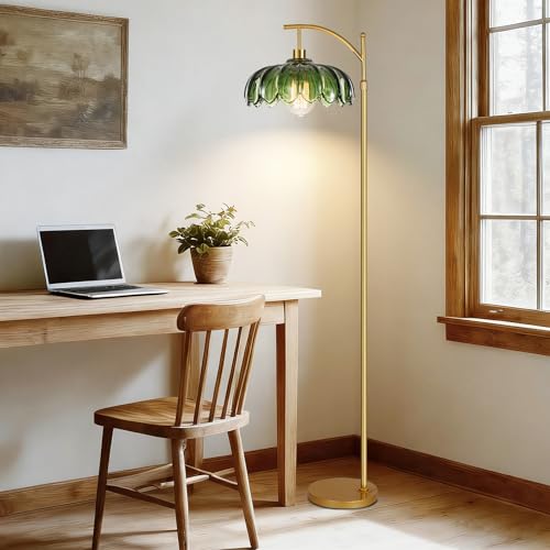 ILLMTW Gold Floor Lamp - 2 Variation Mid Century Modern Dimmable Arc Lamp with Remote & Green Glass Shade