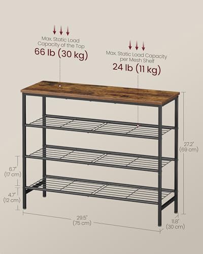 VASAGLE Rustic Brown & Ink Black 4-Tier Metal Shoe Rack - Holds 12-16 Pairs