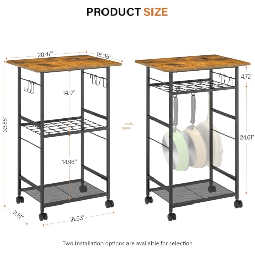 ThreeHio Brown 3-Tier Rolling Kitchen Microwave Cart with Adjustable Shelf