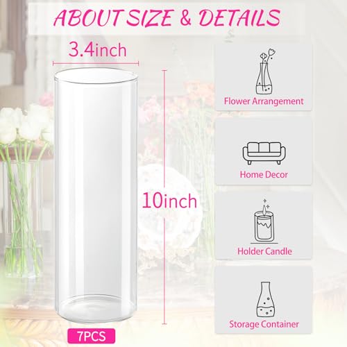 7 Pack 10 Inch Glass Cylinder Vases for Centerpieces - Clear Flower & Candle Holders