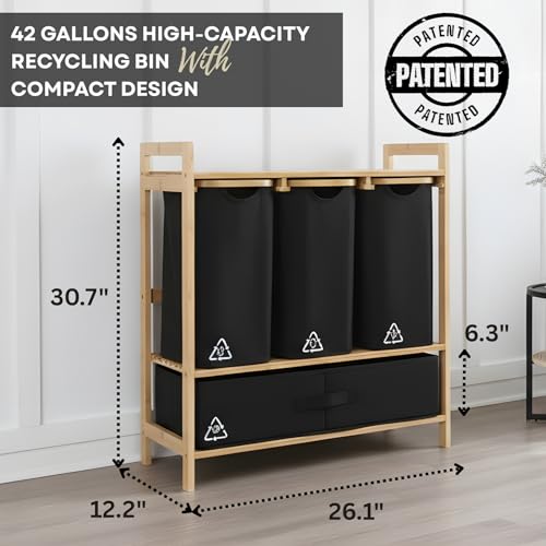 Black 4-Section Bamboo Recycling Bin for Kitchen & Office – Dual Trash & Recycle Organizer