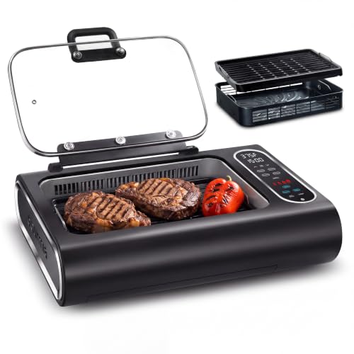 Gourmia 5-in-1 Electric Smokeless Grill & Air Fryer with Glass Lid
