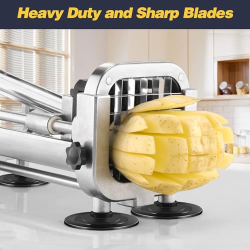 French Fry Cutter 3-Piece Set with 1/2 In, 3/8 In & 1/4 In Stainless Steel Blades - Professional Potato Slicer for Whole Potatoes, Carrots & Cucumbers - Variation: 1/2 In & 3/8 In & 1/4 In Blade