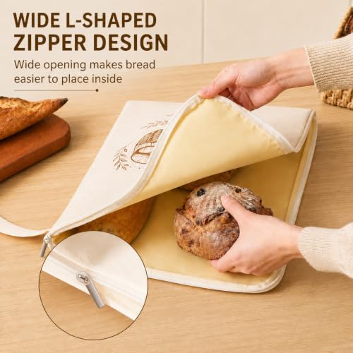 Cream Beige Reusable Beeswax Bread Bags Set - XL Cotton Sourdough Storage with Buckle & L-Shaped Zipper