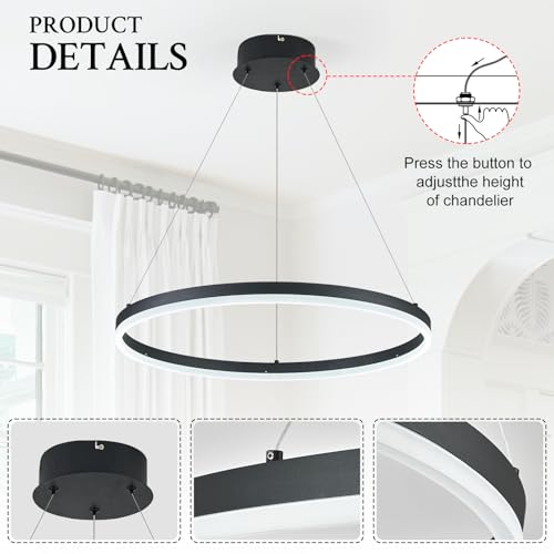 Black 24in Dimmable LED Pendant Light Ring Chandelier for Living Room & Dining