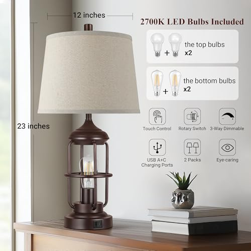QiMH 23-Inch Set of 2 Farmhouse Industrial Nightstand Lamps with USB Ports, Oil Rubbed Bronze