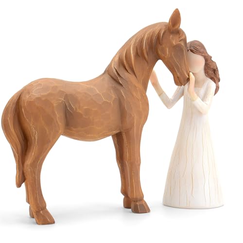 Vofstand Woman Embraces Horse Figurine - Horse and Girl Resin Ornament