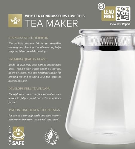 Plastic-Free Glass Teapot & Kettle 27 oz - One-Touch, Filter Lid, Borosilicate