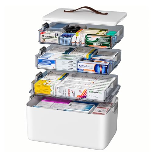 4-Tier Medicine Organizer Storage Box with Lid & Leather Handle - Portable First Aid & Medical Supplies Bin