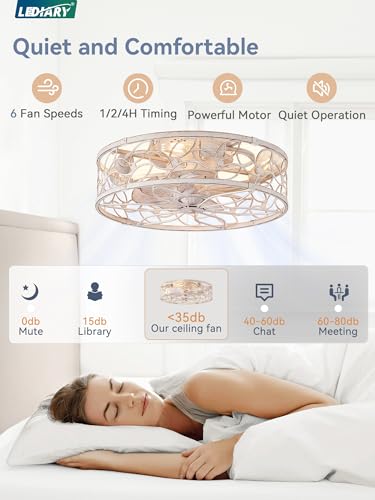 LEDIARY White Gold Caged Ceiling Fan with Light, Remote Control & Quiet Motor