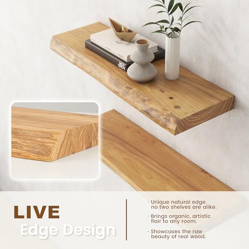 Venusmiles Natural Elm Live Edge Floating Shelves 24 Inch Heavy Duty, 2 Pack