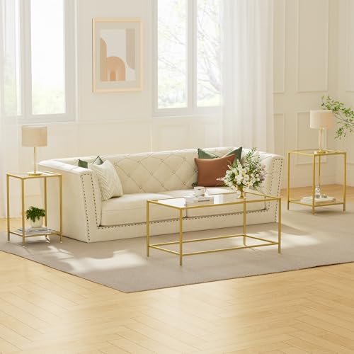 Homleke Gold Glass Coffee Table - Modern Rectangular Living Room Accent, 39.4 x 19.7 x 17.7 Inches