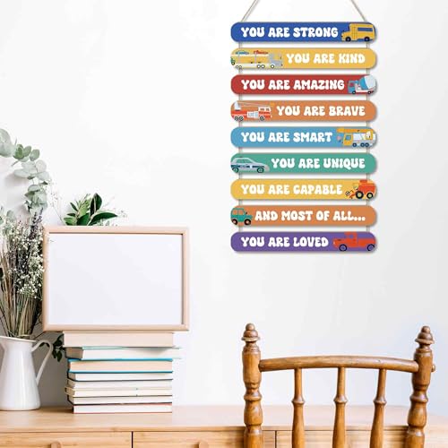 MONALET Inspirational Construction Cars Wall Art Decor for Boys Room Nursery Baby Kids Playroom Bedroom Door, Motivational Hanging Wood Signs Decorations, Positive Affirmations Wooden Plaque, 12x19