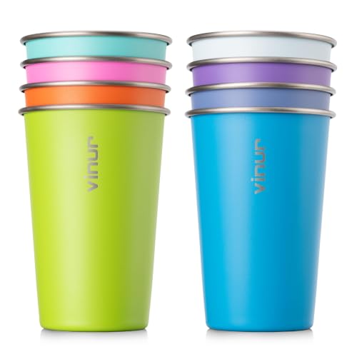 Vinur 16oz Colorful Stainless Steel Drinking Cups 8-Pack - Stackable & Reusable