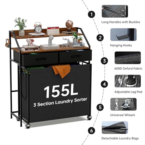 Laundry Sorter with 3 Sections and 2 Drawers - 2 Tier Rolling Organizer