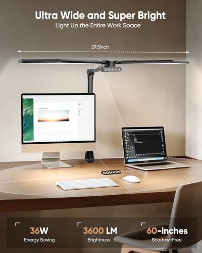 Black 36W Dual-Head LED Desk Lamp with Clamp and Remote Control